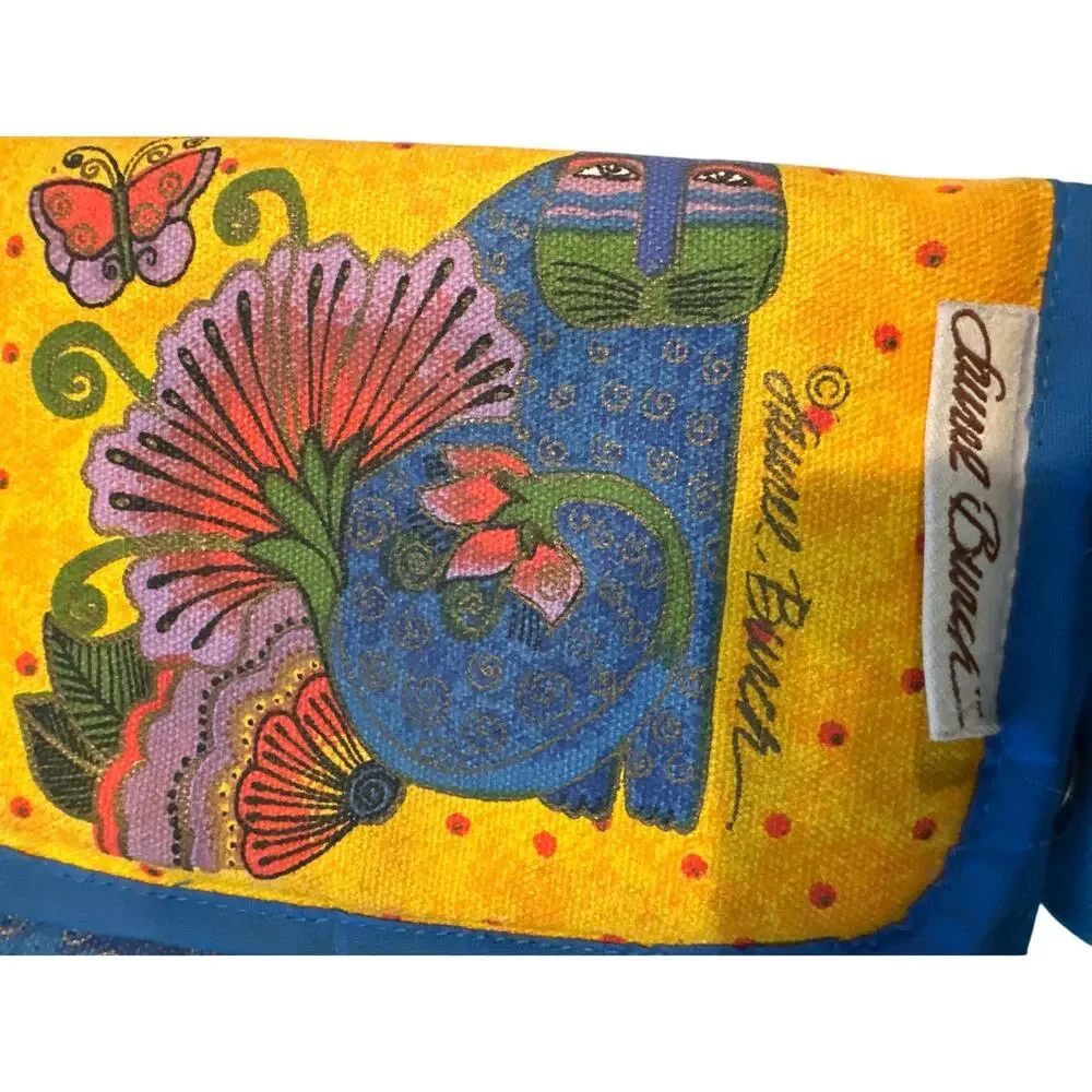 Laurel Burch Cat blue yellow zippered mirror cat pouch